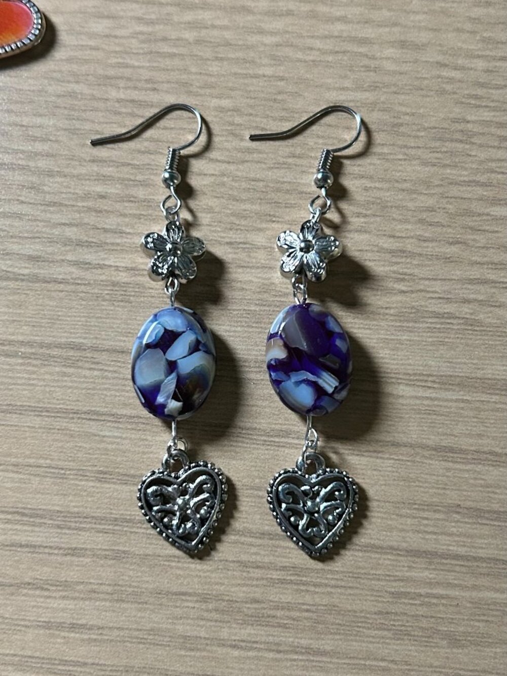 Handmade Blue Mosaic Shell & Filigree Heart Dangle Earrings